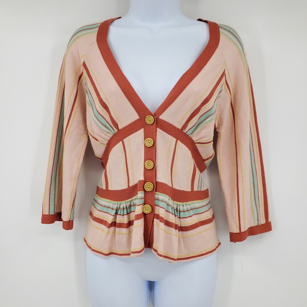 Guinevere Anthropologie Striped Cardigan V-Neck 3/4 Sleeve L Boho Cottage Preppy